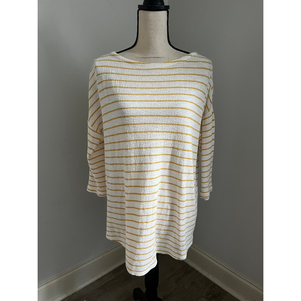 Striped Cotton Slub Knit Top sz Small White Yellow Oversized Coastal Minimalist
